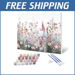 Relaxing Paint by Numbers Kit - Pink Wildflowers on Framed Canvas for Beginners - Picture 1 of 11