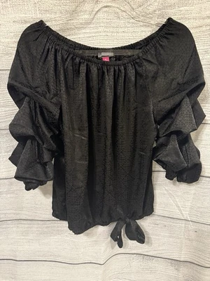 Blusa Negra Vince Camuto Fuera del Hombro Burbuja Manga 3/4 Corbata Frontal Mediana Foto 1 de 4