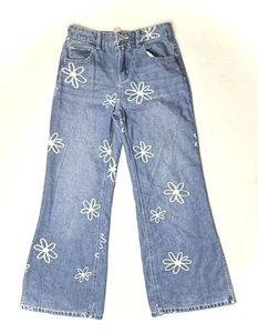 Justice Jeans Wide Leg Floral Girls 12 Kids Pants Flowers Blue Denim Daisy Slit - Picture 1 of 10