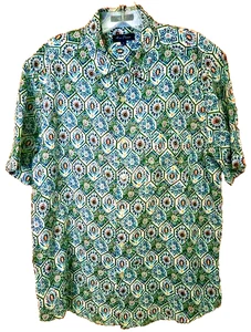 Alan Flusser Kurzarm Grafik Hemd Leinen Baumwollmischung Knopfleiste Herren M - Bild 1 von 5