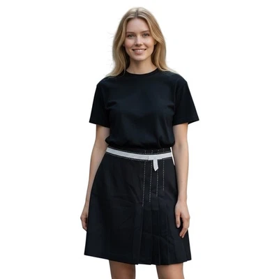 Black Pleated Skirt White Accents Knee Length Career Office Business - Image 1 of 4