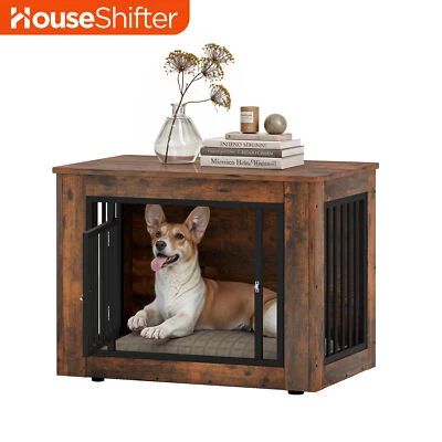 35" Solid Wood Dog Crate Pet Kennel Iron Cage Hutch Side Table Brown Chewproof - Image 1 of 4