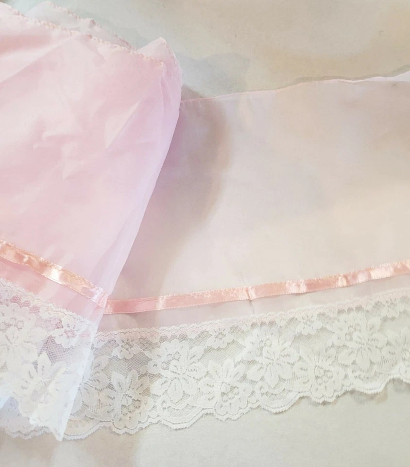 Pink Sheer with Pink Ribbon and White Lace     10 inches wide    1 yard - Image 1 of 1