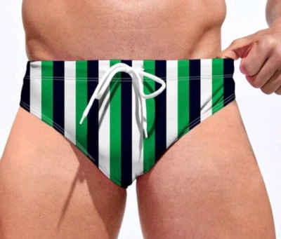 Calzoncillos de baño para hombre con rayas verticales verdes, negras y blancas. Talla X-Grande 36"-38" Foto 1 de 4