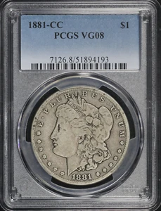 Dólar de plata Morgan 1881-CC~CERTIFICADO PCGS EN MUY BUEN ESTADO 8~FECHA DIFÍCIL BUEN PROBLEMA SIN PROBLEMAS* - Imagen 1 de 4