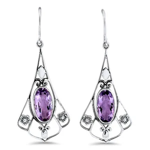 GENUINE 3.5 CARAT AMETHYST ANTIQUE STYLE 925 STERLING SILVER EARRINGS #940 - Picture 1 of 1