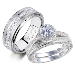 Newshe Wedding Rings Set for His and Hers Women Mens Tungsten Wedding Bands roun - Picture 1 of 12
