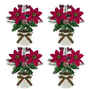 4Pcs Poinsettias Artificial Christmas Flowers Small Red Poinsettias Plants Ta... - Picture 1 of 7