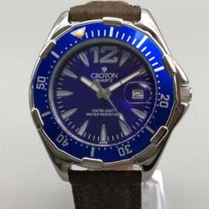 Croton Blue Bezel Watch Men 40mm Silver Tone Date Leather Band 100M New Battery - Picture 1 of 14