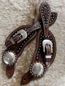 Adult Size Top Grain Leather Engraved Silver Western Pair Spur Straps - Picture 1 of 4
