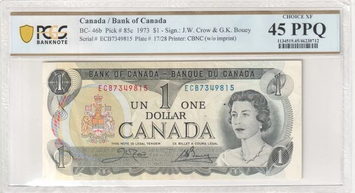 1973 $ 1 PCGS 45 PPQ Bank of Canada BABNC (w/o Imprint) J.W Crow & G.K. Bouey  - Image 1 of 2