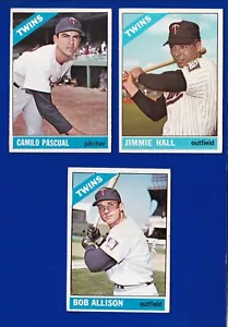 LOTE DE 3 GEMELOS 1966 TOPPS #190 305 345 JIMMIE HALL CAMILO PASCUAL BOB ALISON EN MUY BUENA CONDICIÓN-EX - Imagen 1 de 2