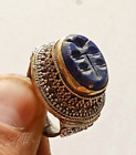 ANTIQUE BLUE INTAGLIO BEE EGYPTIAN KING ENGRAVED BRONZE SIGNET ROMAN RING