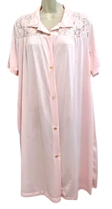 Sears Pink Sz L 38-40 Silky ButtonUp Nightgown Robe Pocket Collar Short Sleeve - Picture 1 of 8
