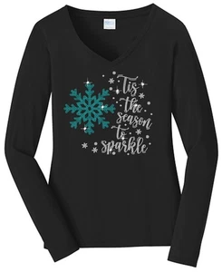Camisa para mujer Christmas Snowflake Tis The Season cuello en V brillante manga larga - Imagen 1 de 11