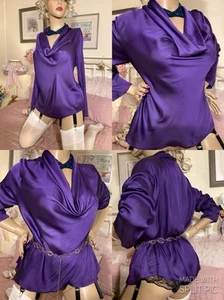 HIGH GLOSS LIQUID SATIN Draped Cowl Silky Sexy Secretary Mistress Tunic Blouse L - Picture 1 of 24
