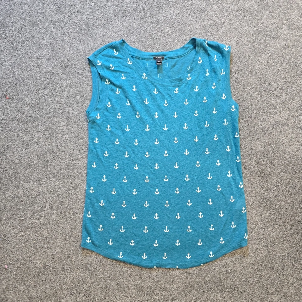 Blusa J Crew Feminina Tamanho XXS Azul Verde Linho Âncoras Praia Náutica Preppy Coastal - Imagem 1 de 4