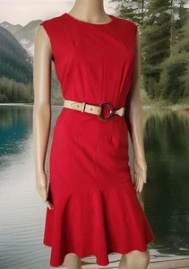 CALVIN KLEIN sz XS 8 Red Fit & Flare Ruffle Mermaid HEM DRESS Work & Play #A4 - Picture 1 of 8