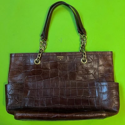 Bolso de Mano de Cuero de Vaca de Cocodrilo Repujado Fósil Bolso Shopper Marrón Cadena Correa Cartera Foto 1 de 4