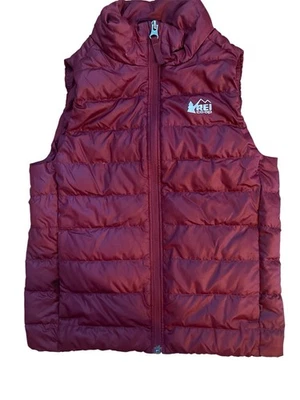 REI Co-op Youth 650 Down Puffer 背心 S 码 (8) 带阴影 Sumac 全拉链 二手状况完好 — 第 1/4 张图片