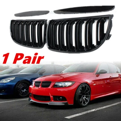 Rejilla de doble listón delantera negra brillante para BMW Serie 3 E90 E91 2006-08 Foto 1 de 4
