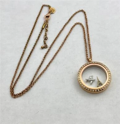 Origami Owl 玫瑰金彩色玻璃前吊坠和小饰品吊坠项链 26 英寸 L。 — 第 1/4 张图片