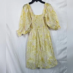 Billabong Womens Groovy Girl Yellow Pink Floral 3/4 Sleeve Smocked Mini Dress XS - Picture 1 of 10