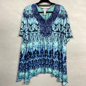 Catherines 3X Green/Blue Print Short Sleeve Stretch Pullover Top Lightweight - Picture 1 of 10