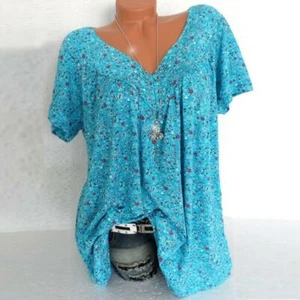 Plus Size Women V Neck Short Sleeve T-Shirt Summer Baggy Casual Blouse Shirt Top - Picture 1 of 20