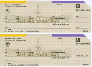 2 Unused Tickets: 1984 Summer Olympics Closing Ceremony Los Angeles (Athletes) - Picture 1 of 1