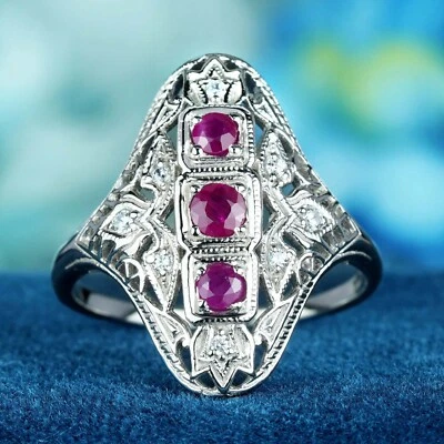 9K White Gold Natural Ruby Diamond Filigree Three Stone Ring  - Image 1 of 4