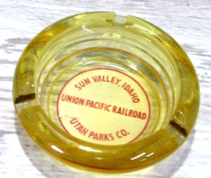 Vtg UNION PACIFIC RAILROAD Amber GLASS ASHTRAY SUN VALLEY IDAHO UTAH PARKS CO -Q - Picture 1 of 7