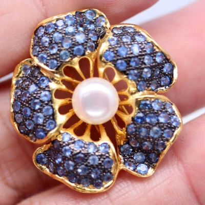 Edelstein 7 Mm. Weiße Perle, Saphir & Zirkonia Ring 925 Sterlingsilber Größe 6.5 - Bild 1 von 4