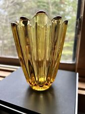 Vintage MCM Viking/Federal Amber Yellow Art Glass Vase Pulled Stair-stepped