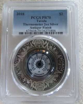 Termômetro 2018 P Tuvalu ANTIQUIZADO 2 Oz prata $2 moeda PCGS PR70  - Imagem 1 de 4