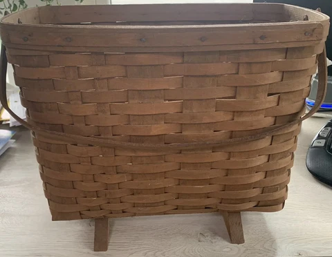 Longaberger Magazine Basket With Wooden Handle And Has 2 Wooden Feet Cover