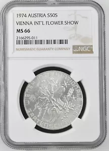 1974 AUSTRIA Silver 50 Schilling, Vienna Flower Show - NGC MS 66 - Picture 1 of 2