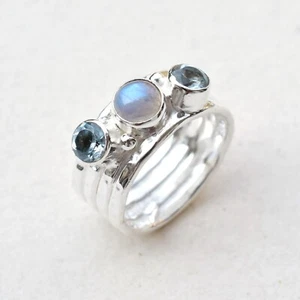 Natürlicher Mondstein & Blautopas Ring 925 Sterling Silber Multi Stein - HR272 - Bild 1 von 4