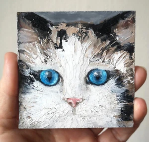 Cat original miniature oil painting Cardboard Impasto 100% hand artwork 3.5x3.5 - Picture 1 of 5