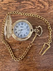 Collezio Quartz Pocket Watch W/chain, “Truck Cover” Gold Tone, New Battery, Runs - Picture 1 of 12