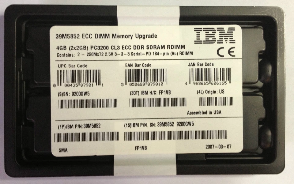 IBM 39M5852 4GB (2x2GB) PC3200 CL3 ECC DDR2 SDRAM ECC DIMM RAM - SPEICHEICHER - Bild 1 von 1