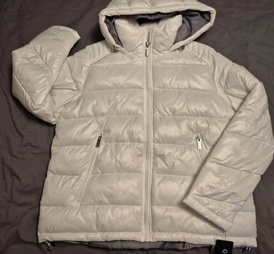 GUESS OPTIC WHITE PUFFER JACKET HOODED MACYS LARGE NWT! - Image 1 of 4