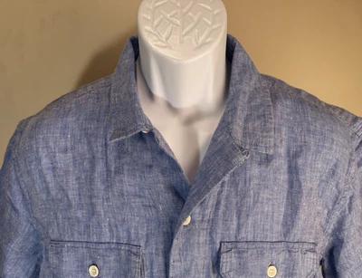 Banana Republic Men's blue 100% linen loop collar camp s/s shirt Medium M EUC - Image 1 of 4