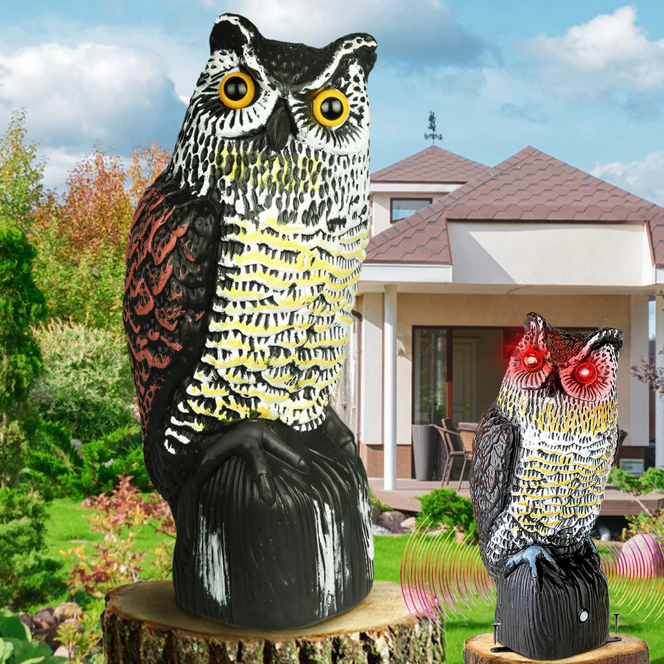 Solar Owl Decoy with Flashing Eye Hoot Sound Infrared Sensor Scare Bird Away - Image 1 of 4