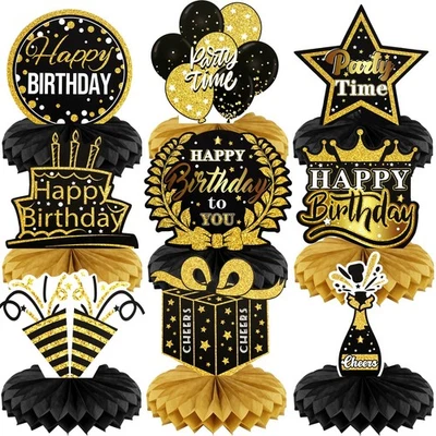 9 PIEZAS Decoraciones de Mesa de Feliz Cumpleaños | Negro y Dorado Negro, Foto 1 de 4