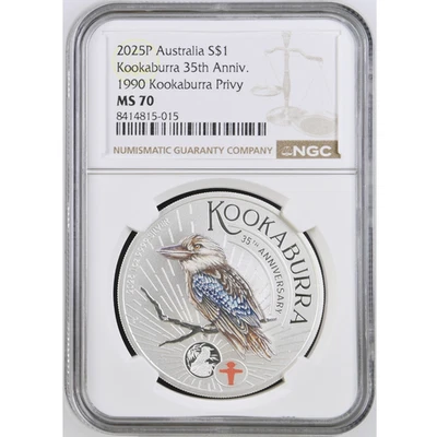 2025 Australia WMF Berlin Show Kookaburra 1 oz Silver Colorized Coin NGC MS 70 - Image 1 of 4