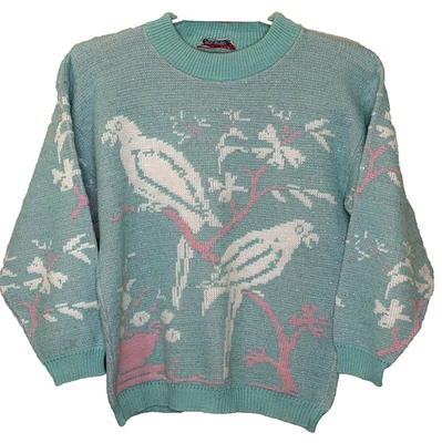Suéter tejido glamour vintage años 80 para mujer talla grande? Loros verdes blancos rosas como nuevos Foto 1 de 4