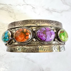 VTG Native Sterling Silver Cuff Bracelet Turquoise Gaspeite Purple Turq Jasper - Picture 1 of 14