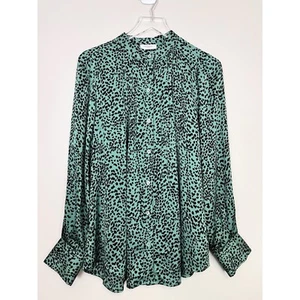 Equipment Femme Perce Green Leopard Button Down Shirt Satin Size XL - Picture 1 of 11