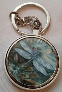 Dragonfly & Water Lilies 1.5" Round Keychain Keyring Pendant. Swivel Top. - Picture 1 of 3